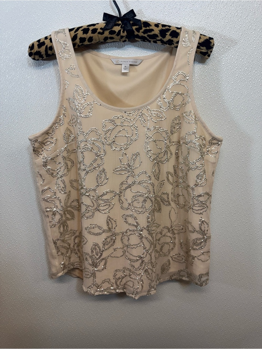 LC Lauren Conrad Beige Sequin Floral Tank